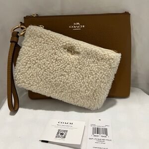 NWT Coach Shearling Key Pouch & Saddle Pebble Leather Purse Wristlet Pouch
